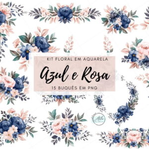 Kit Digital Clipart Floral Azul e Rosa