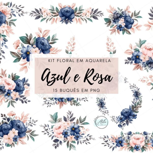 Kit Digital Clipart Floral Azul e Rosa