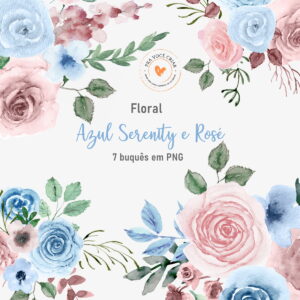 Kit Digital Clipart Floral Azul e Rose