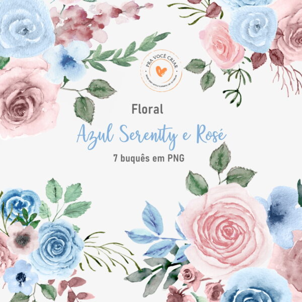 Kit Digital Clipart Floral Azul e Rose