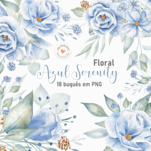 Kit Digital Clipart Floral Azul Serenity
