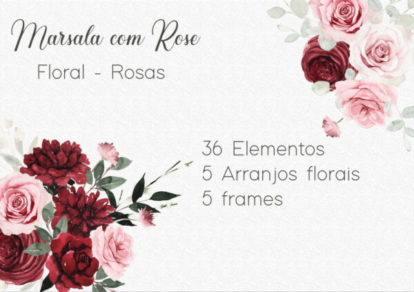 Kit Digital Clipart Floral Marsala com Rose