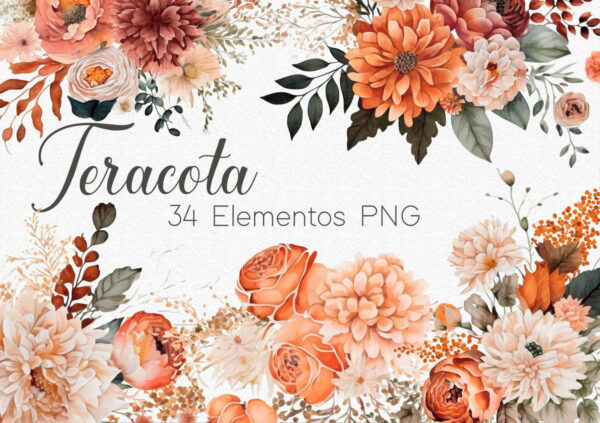 Kit Digital Clipart Floral Terracota