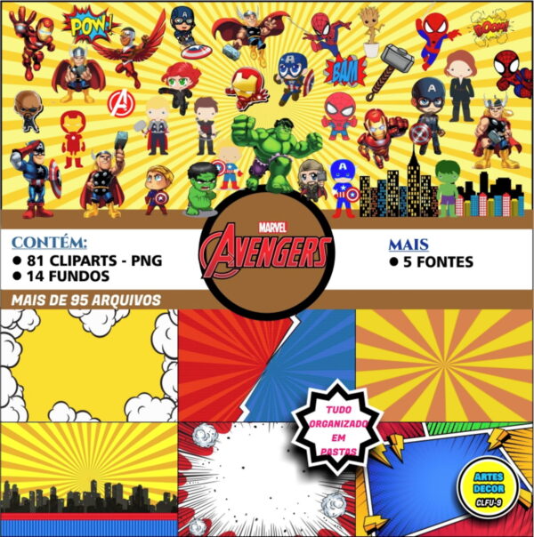 Kit Digital Cliparts e Fundos Temáticos Vingadores Cute