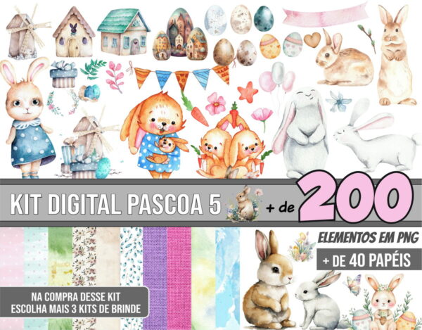 Kit Digital Páscoa 5 Aquarela + 3 Kits de Imagens de Brinde