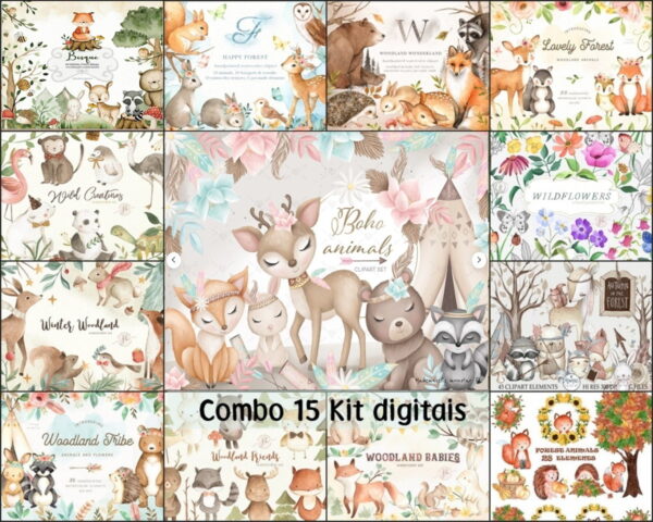Kit Digital: Combo Bosque Aquarela com 15 Kits Digitais