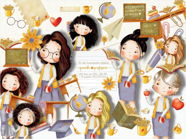 Kit Digital De Ilustrações: Querida Professora 1 (brancas)