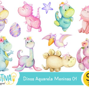 Kit Digital - Dinos Aquarela Meninas 01
