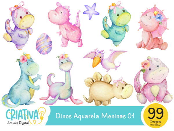 Kit Digital - Dinos Aquarela Meninas 01