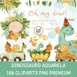 Kit Digital Dinossauro Aquarela Premium - Oh My Dino!