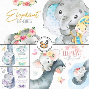 Combo Digital Elefantes Baby Aquarela - 10 Kits Digitais