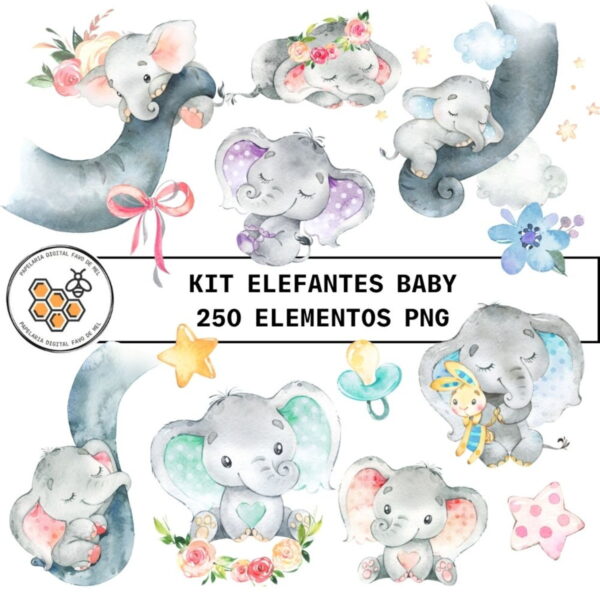 Combo Digital Elefantes Baby Aquarela - 10 Kits Digitais - Imagem 4