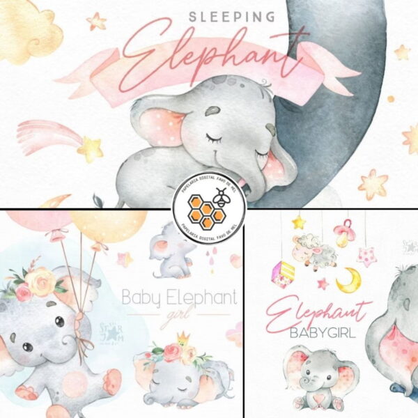 Combo Digital Elefantes Baby Aquarela - 10 Kits Digitais - Imagem 2