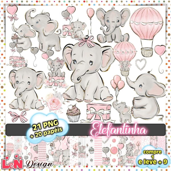 Kit Digital Elefantinho Baby Rosa