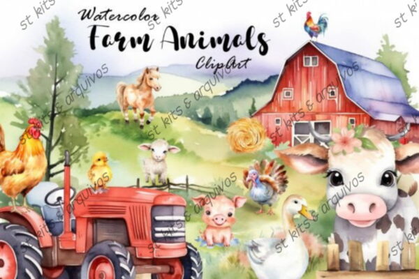 Kit Digital Farm Animals ? Animais da Fazenda Aquarela