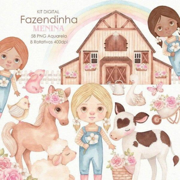Kit Digital - Fazendinha Aquarela Menina