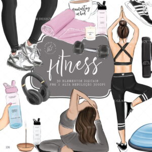 Kit Digital Fitness Treino Ioga Aquarela 30 PNG - Cód.136