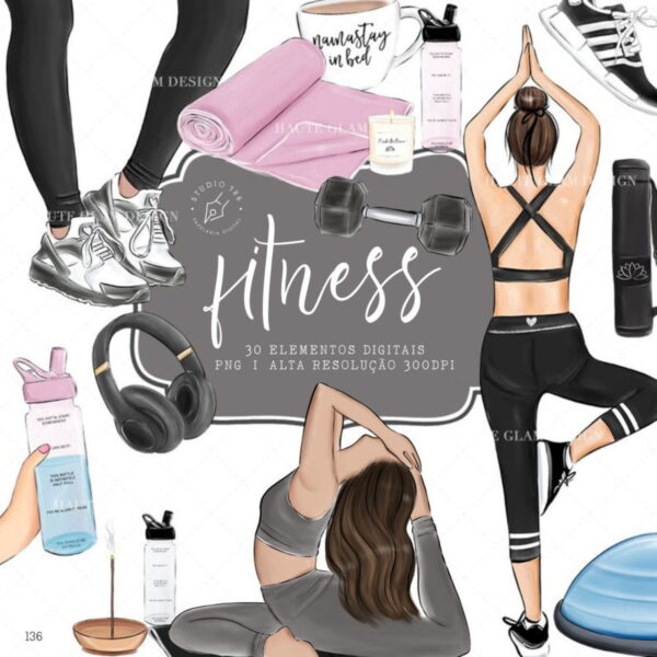 Kit Digital Fitness Treino Ioga Aquarela 30 PNG - Cód.136