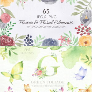 Kit Digital Floral Aquarela e Folhagem Verde Aquarela