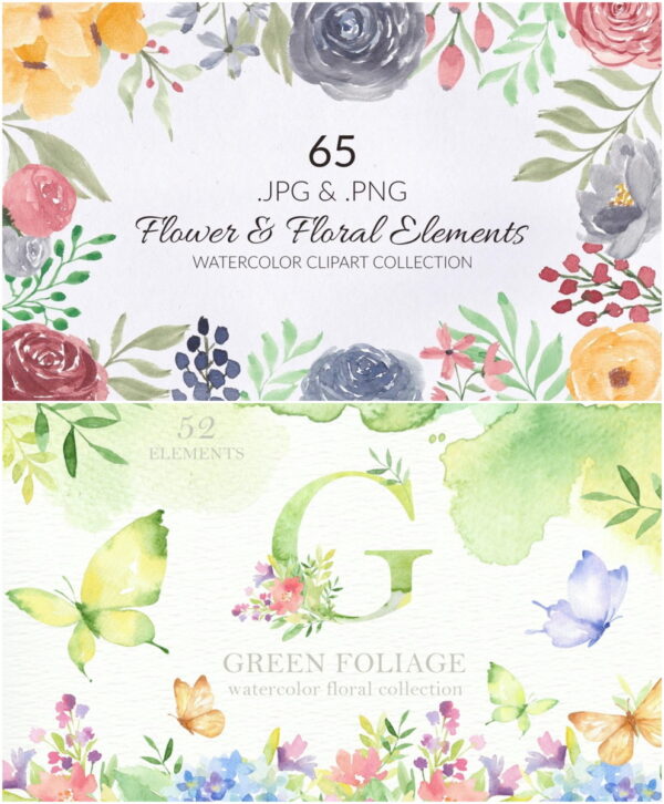 Kit Digital Floral Aquarela e Folhagem Verde Aquarela