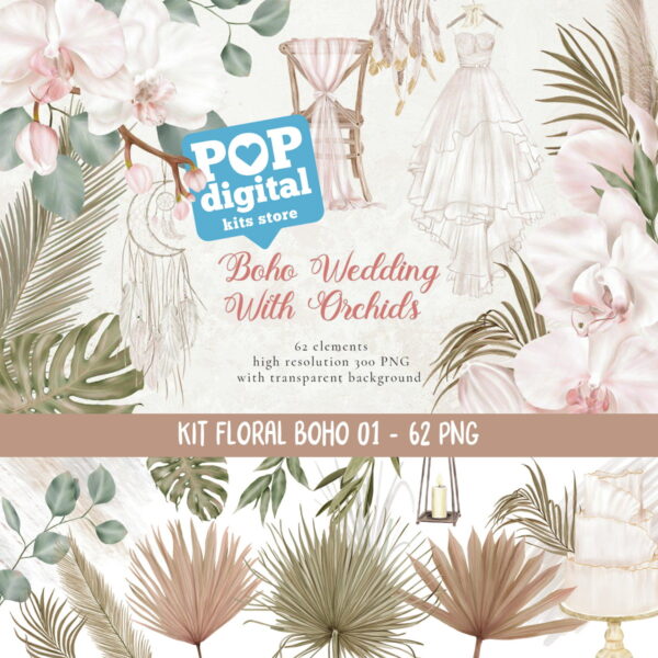 Kit Digital Floral Boho 01 Aquarela
