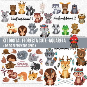 KIT DIGITAL FLORESTA AQUARELA CUTE
