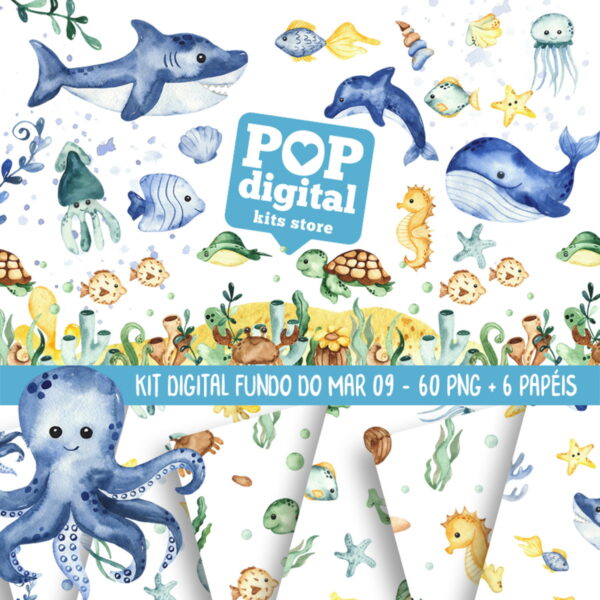 Kit Digital Fundo do Mar 09 Aquarela