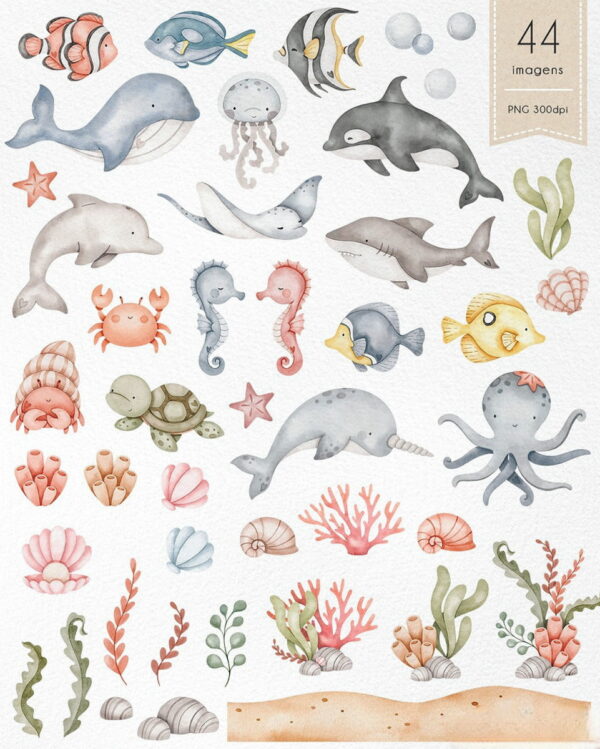 Kit Digital Fundo do Mar Aquarela/+20kits Grátis Cod:8110 - Imagem 2