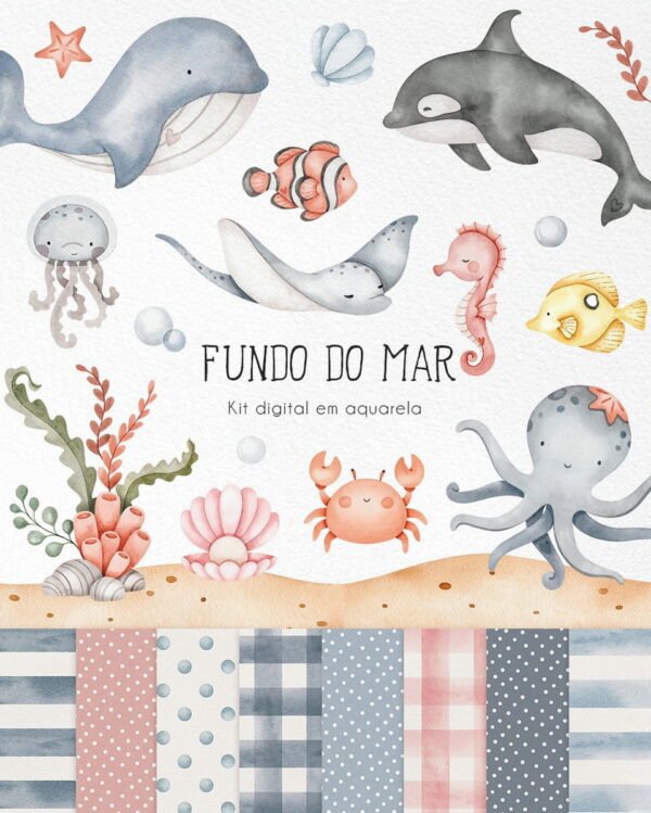 Kit Digital Fundo do Mar Aquarela/+20kits Grátis Cod:8110