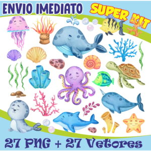 Kit Digital Fundo Do Mar Aquarela + 27 Vetores