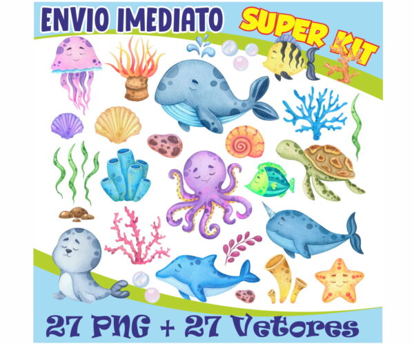 Kit Digital Fundo Do Mar Aquarela + 27 Vetores