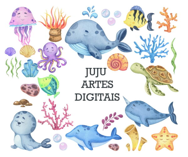 Kit Digital - Fundo do Mar Aquarela (png+vetor)