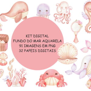 Kit Digital Fundo do Mar Rosa Aquarela