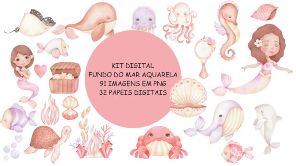Kit Digital Fundo do Mar Rosa Aquarela