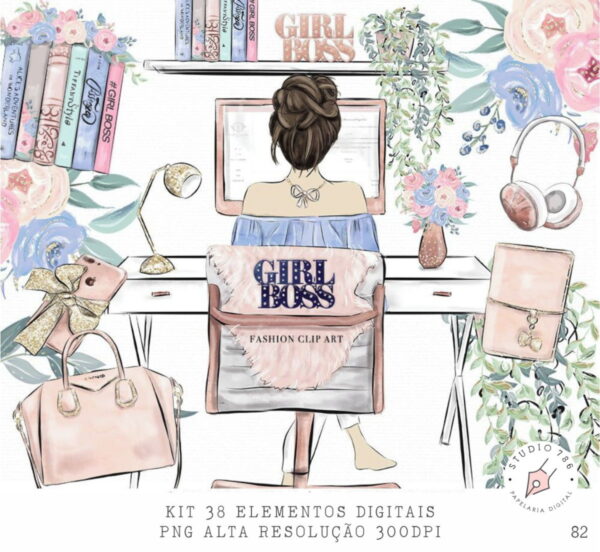 Kit Digital Girl Boss Home Office Aquarela 38 PNG -C.82
