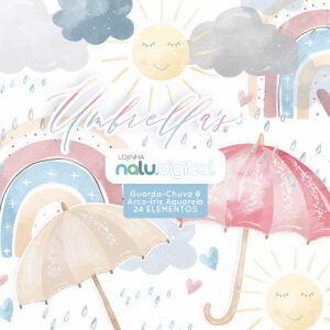 KIT DIGITAL - Guarda chuva Arco-Íris Aquarela 24 Elementos