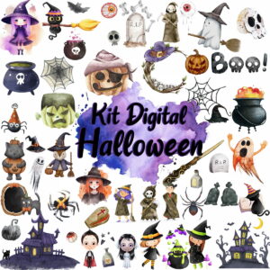 Kit Digital Halloween Dia das Bruxas Aquarela Png