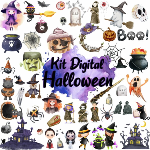 Kit Digital Halloween Dia das Bruxas Aquarela Png