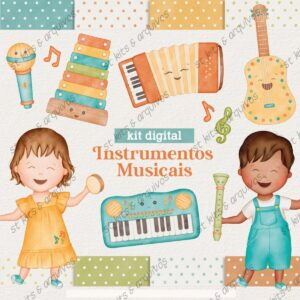 Kit Digital Instrumentos Musicais Em Aquarela