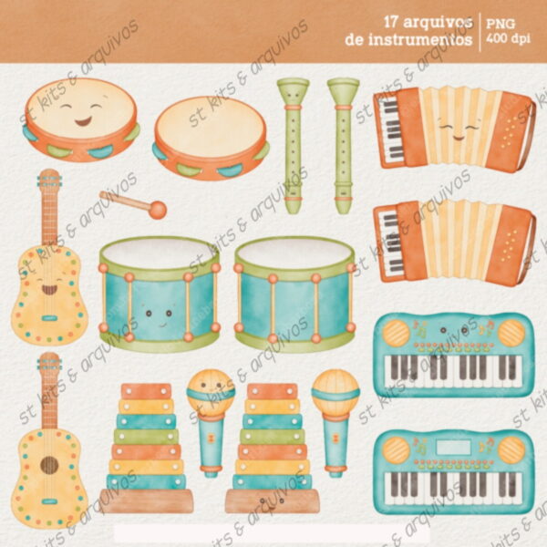 Kit Digital Instrumentos Musicais Em Aquarela - Image 2