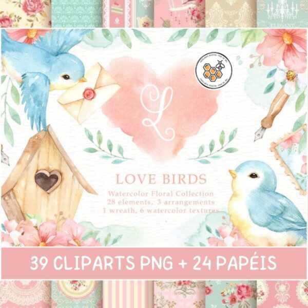 Kit Digital Jardim de Pássaros Aquarela - Love Birds - Imagem 2