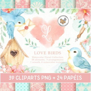 Kit Digital Jardim de Pássaros Aquarela - Love Birds