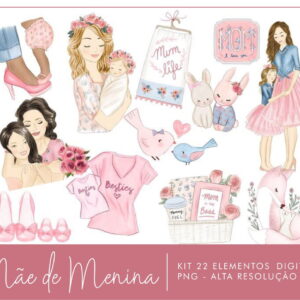 Kit Digital Mãe de Menina Floral Aquarela 22 PNG -C.138