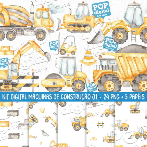 Kit Digital Máquinas de Contrução 01 Aquarela