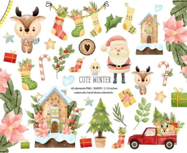 Kit Digital Natal Animais Aquarela 43 Png - Cód.64