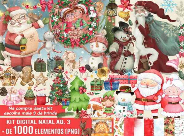 Kit Digital Natal Aquarela Png + 3 Kits de Imagens de Brinde