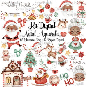 Kit Digital - Natal Aquarela - Versão Papai Noel Negro