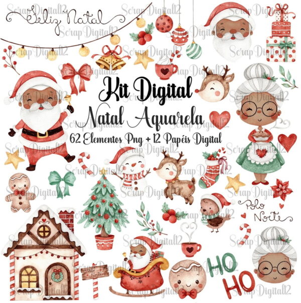 Kit Digital - Natal Aquarela - Versão Papai Noel Negro