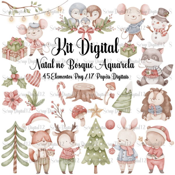 Kit Digital - Natal no Bosque Aquarela