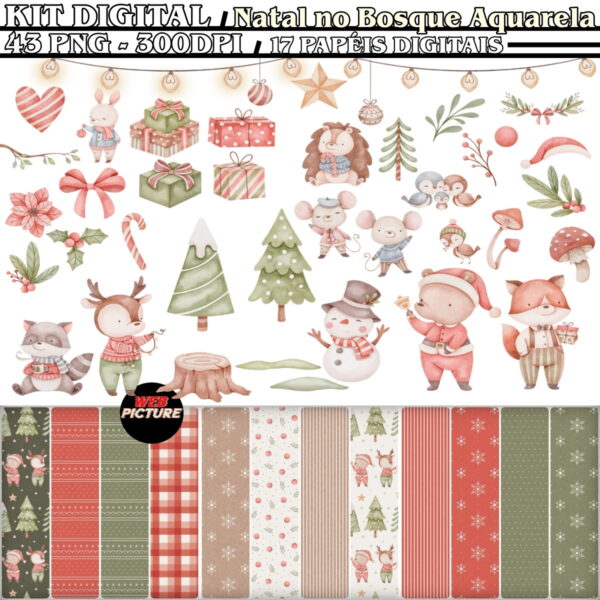 Kit Digital Natal no Bosque Aquarela